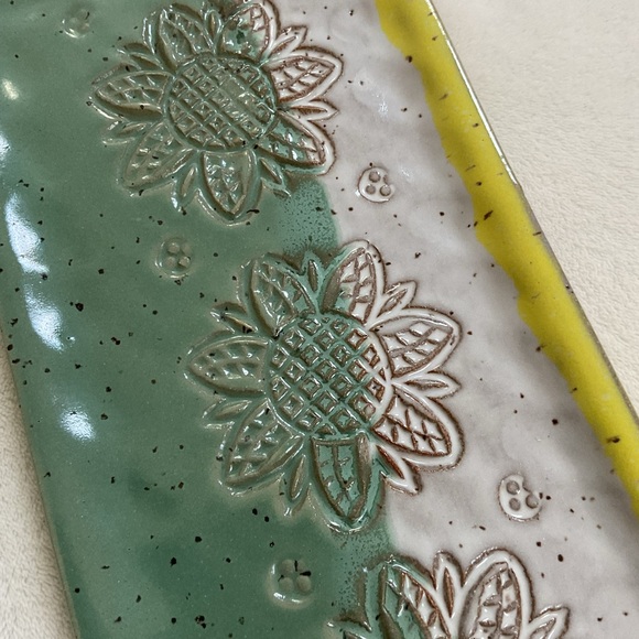 Handmade Pottery Rectangular Tray Signed Sunflower Embossed Ceramic Platter - Picture 6 of 13